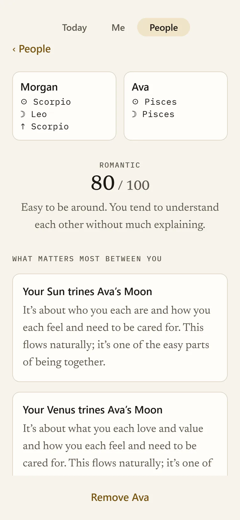 A pairing: a score out of 100 and what matters most between two charts.